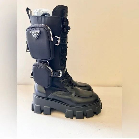 Prada Monolith Black Leather Combat Boots With Removable Pouches Tall Boot Sz 37 - Picture 8 of 12